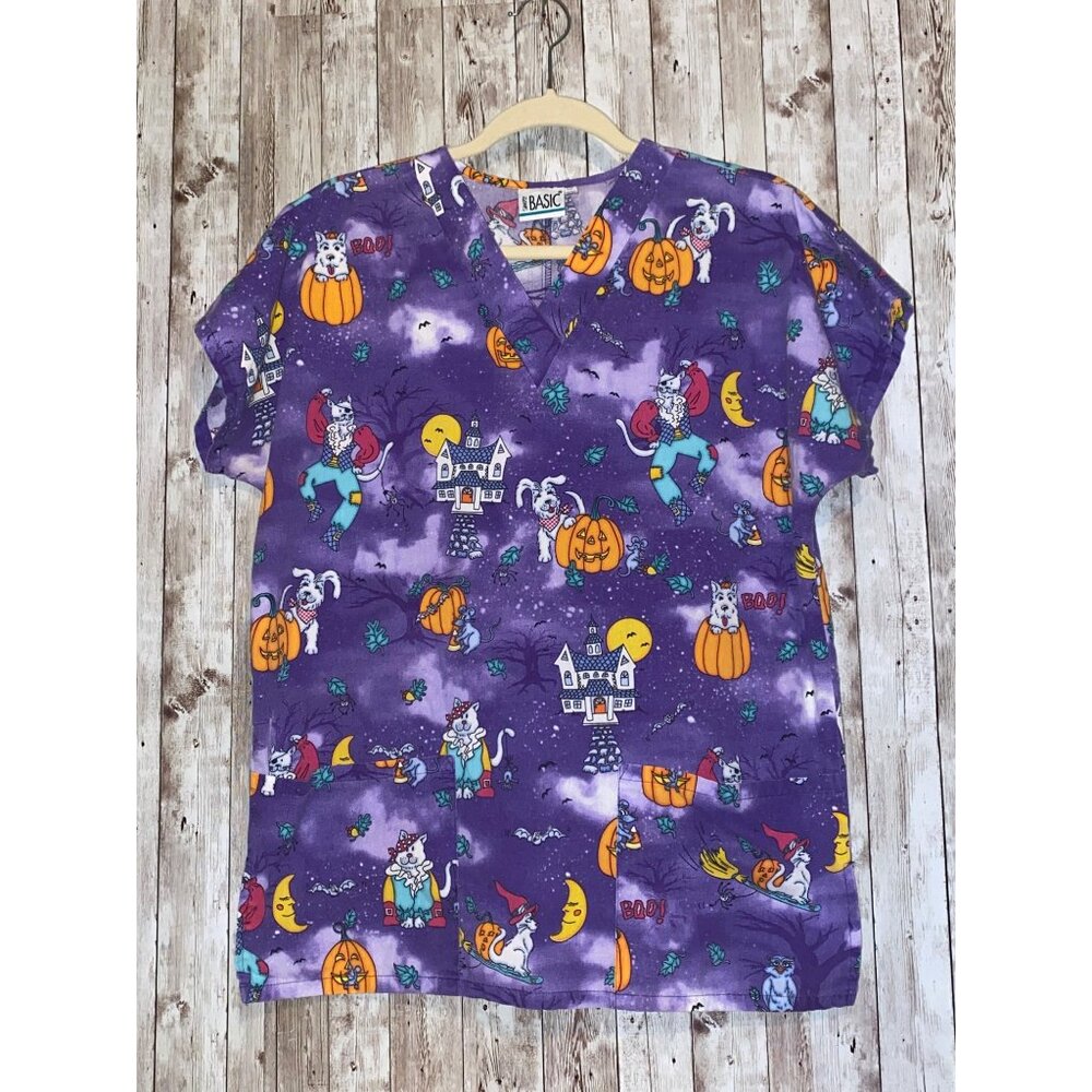 Simply Basic Halloween Purple Pumpkin Dog Cat Scrub Nurse Medical Top Size Small